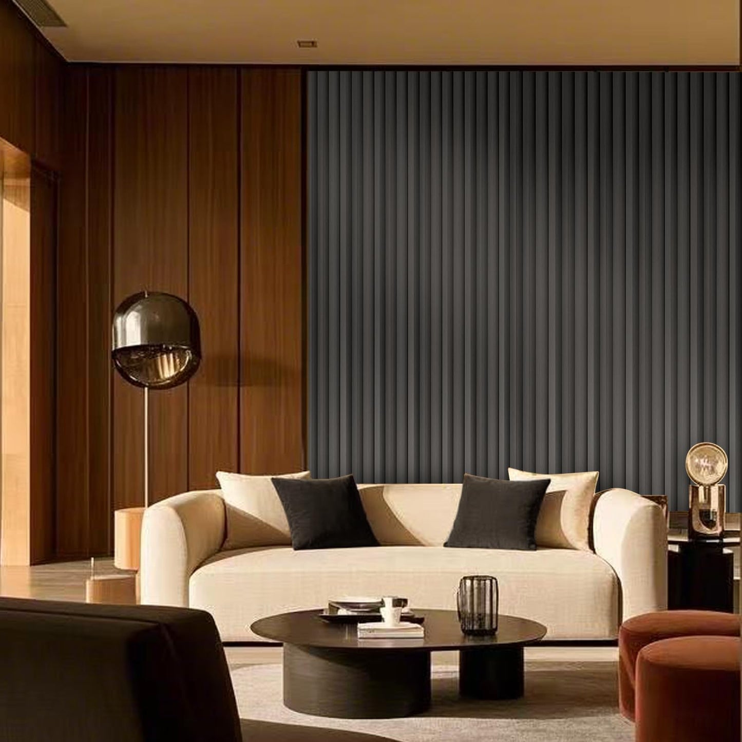 OUZUGIE WPC Acoustic Slat Wall Paneling, 8-Pack 114 x 6 Inches 3D Wall Panels for Interior Wall Decor,Living Room,TV Background,Study Room,Office Spaces,Bedroom,High Grille (Metallic Dark Gray)