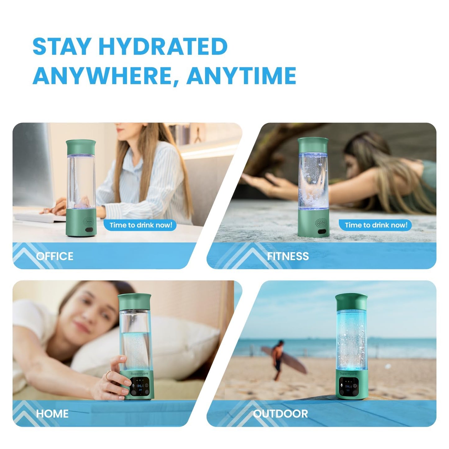 Hydrogen Water Bottle Generator - Up to 6+ PPM Concentration - SPE/PEM Technology - Water Ionizer Machine Suitable for Travel, Daily and Office Drinking - 12oz (Green)