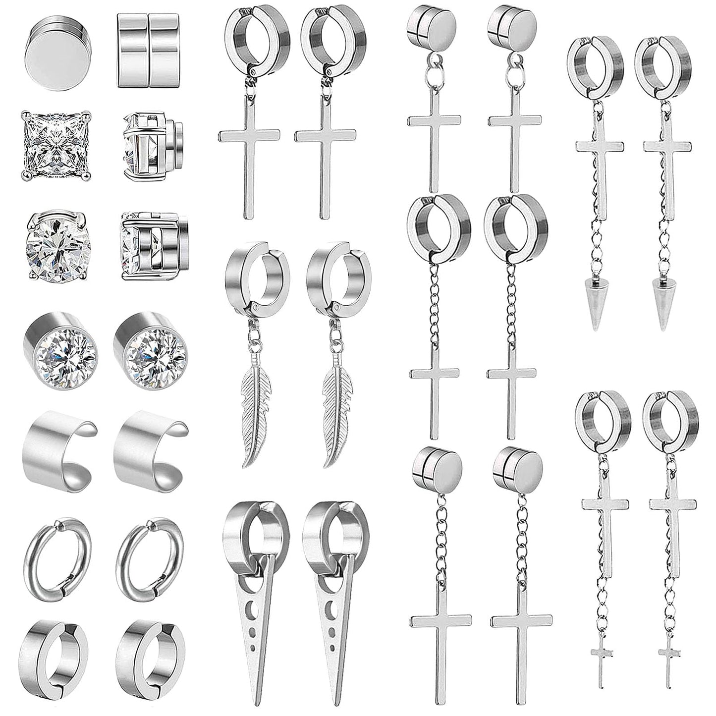 NEWITIN 15 Pairs Magnetic Stud Earrings for Men Clip on Earrings Stainless Steel Magnet Earring Unisex Dangle Cross CZ Hoop Magnetic Stud Earring Set for Men Women