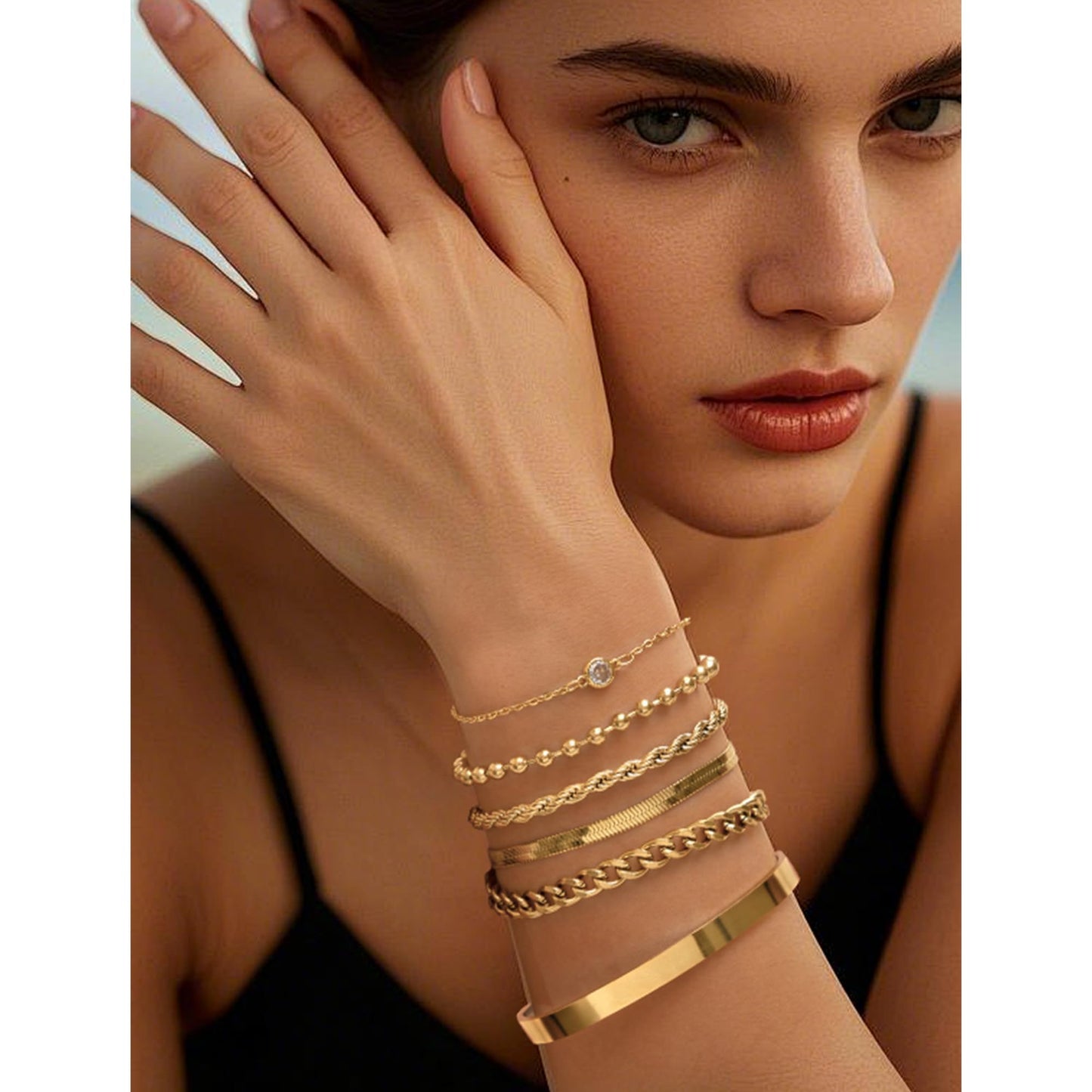 LOFITOR Gold Bracelets for Women Dainty Non Tarnish Link Chain Bracelets Set for Women Trendy Adjustable Chunky Thin Bracelets Stack Layered With Cuff Beaded Cuban Rope CZ Heart Cross Jewelry Gifts CZ