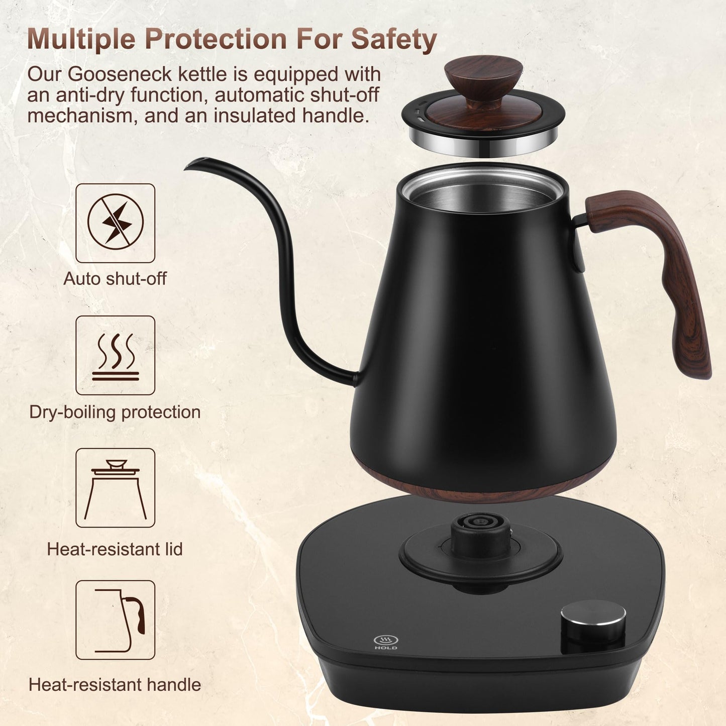 YDDZZM Gooseneck Electric Kettle, Intelligent Temperature Control, Stainless Steel Inner, Quick Heating, for Pour Over Coffee, Brew Tea, Boil Hot Water, 1000W 0.9L Black