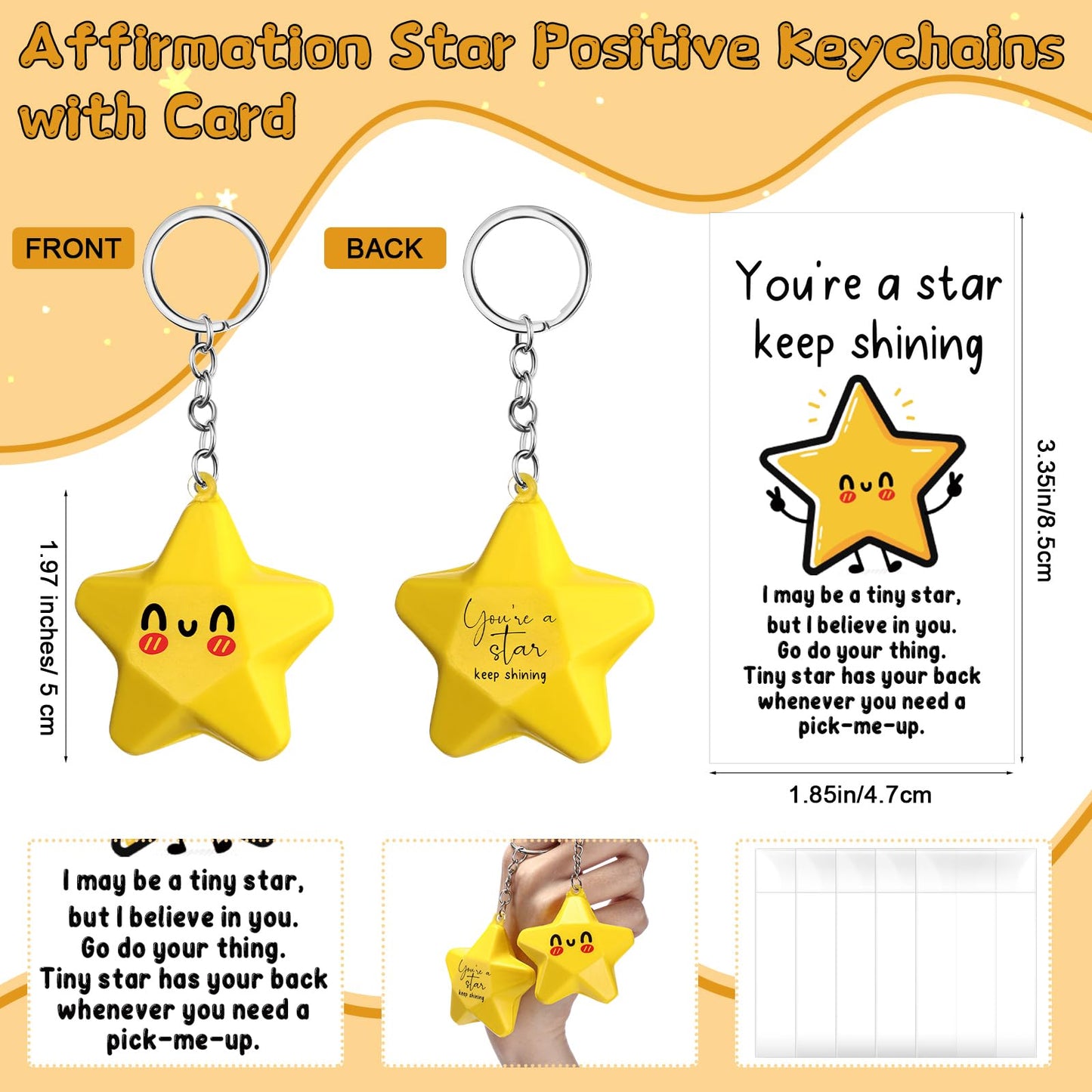 Wavwavw 36 Set Inspirational Gifts Star Keychain with You Are a Star Card Office Thank You Gift for Team Employee Coworkers (Yellow)