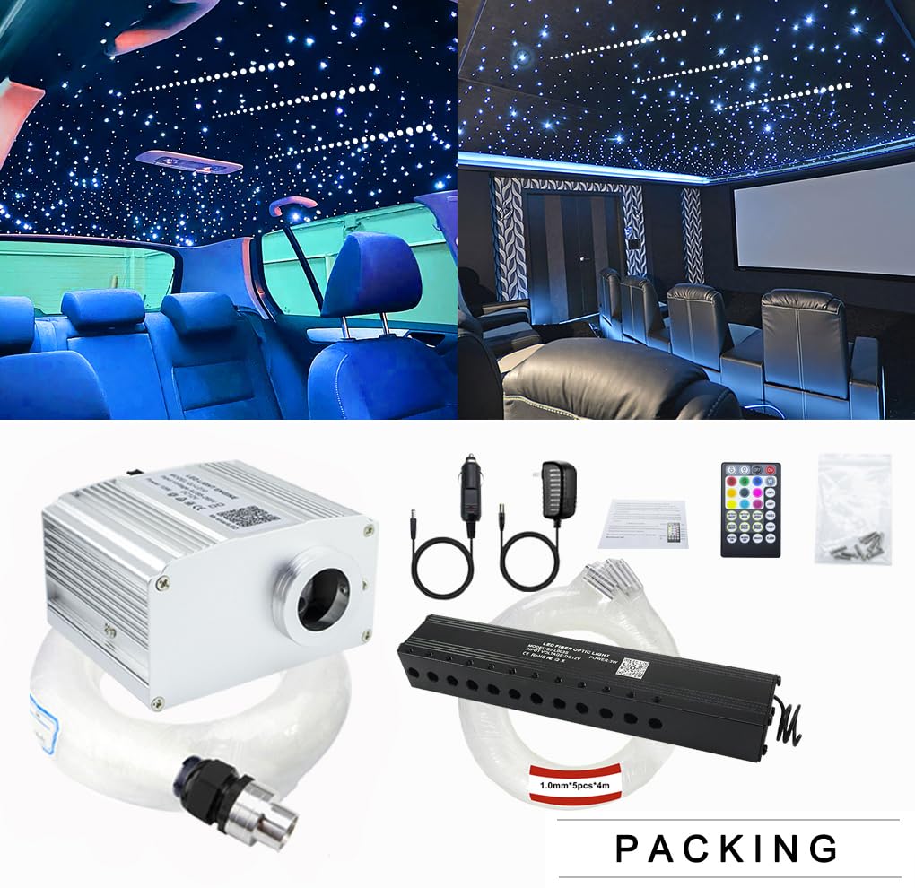 AZIMOM 10W RGBW Twinkle 450pcs Fiber Optic Starlight Lights with Meteor Shooting Star Kits Sound Activated 0.03in 9.8ft Fiber Strands Car Home Ceiling Roof Decor