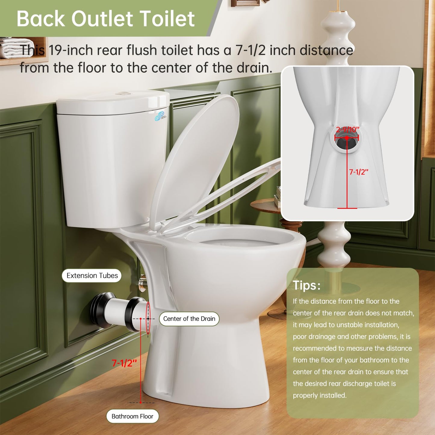 Simple Project Rear Discharge Toilet with 19 Inch Tall Toilet Bowl, Rear Outlet Toilet - Powerful & Quiet Dual Flush 1.28GPF High Toilets for Seniors, Includes Extension Pipe
