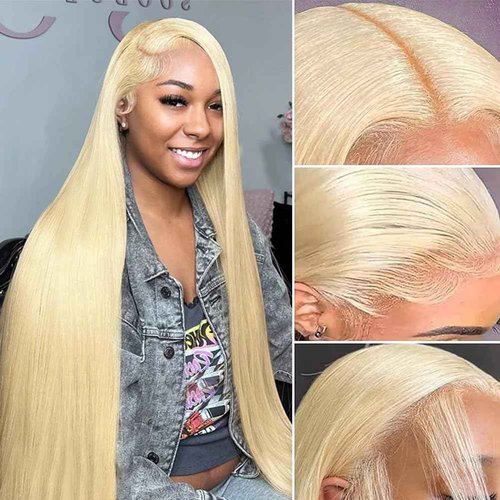 BINF 613 Blonde Lace Front Wig - Human Hair, 13x4 Straight, Pre-Plucked, 28 Inch, 180% Density, Glueless Bleached Knots