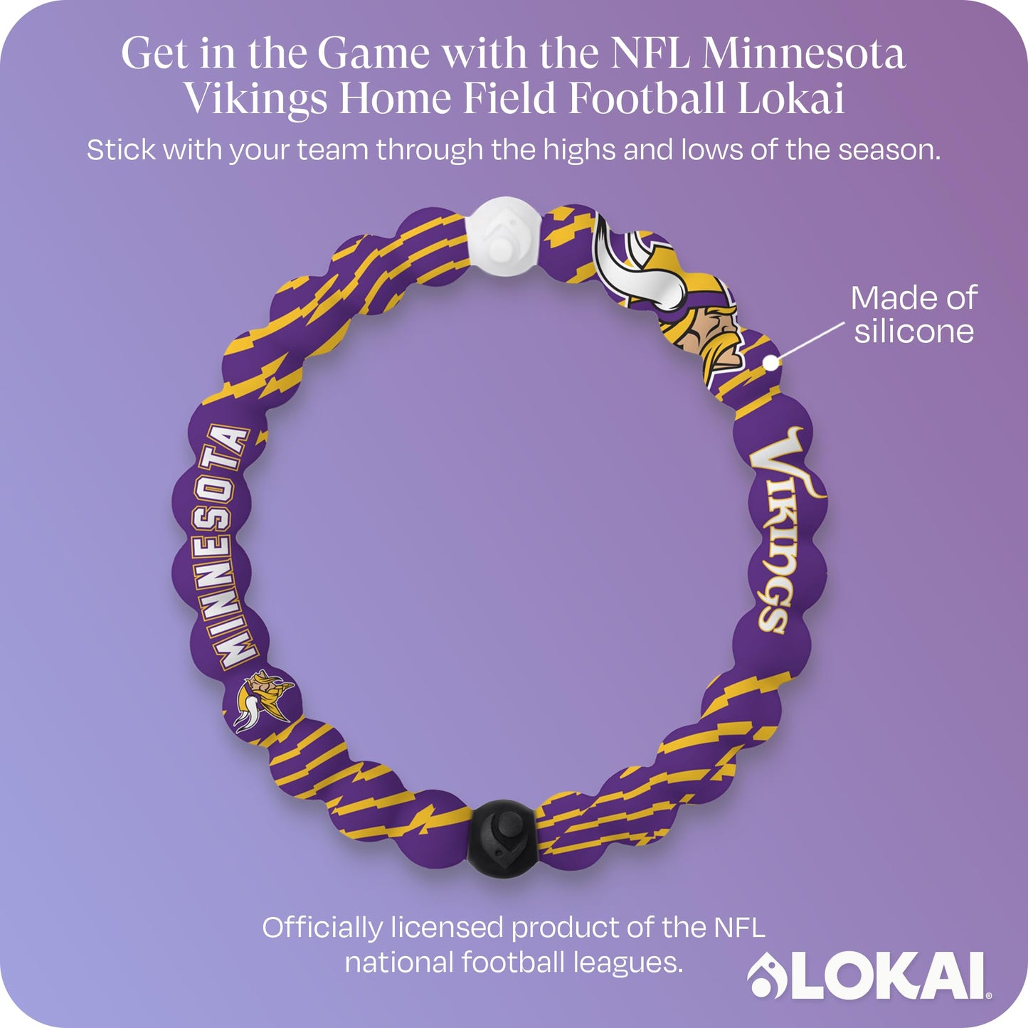 Lokai NFL Football Collection Silicone Beaded Bracelet, Minnesota Vikings Home Field (Medium) - Beaded Bracelet for Women & Men, Silicone Jewelry Fashion Bracelet Slides-On for Comfortable Fit