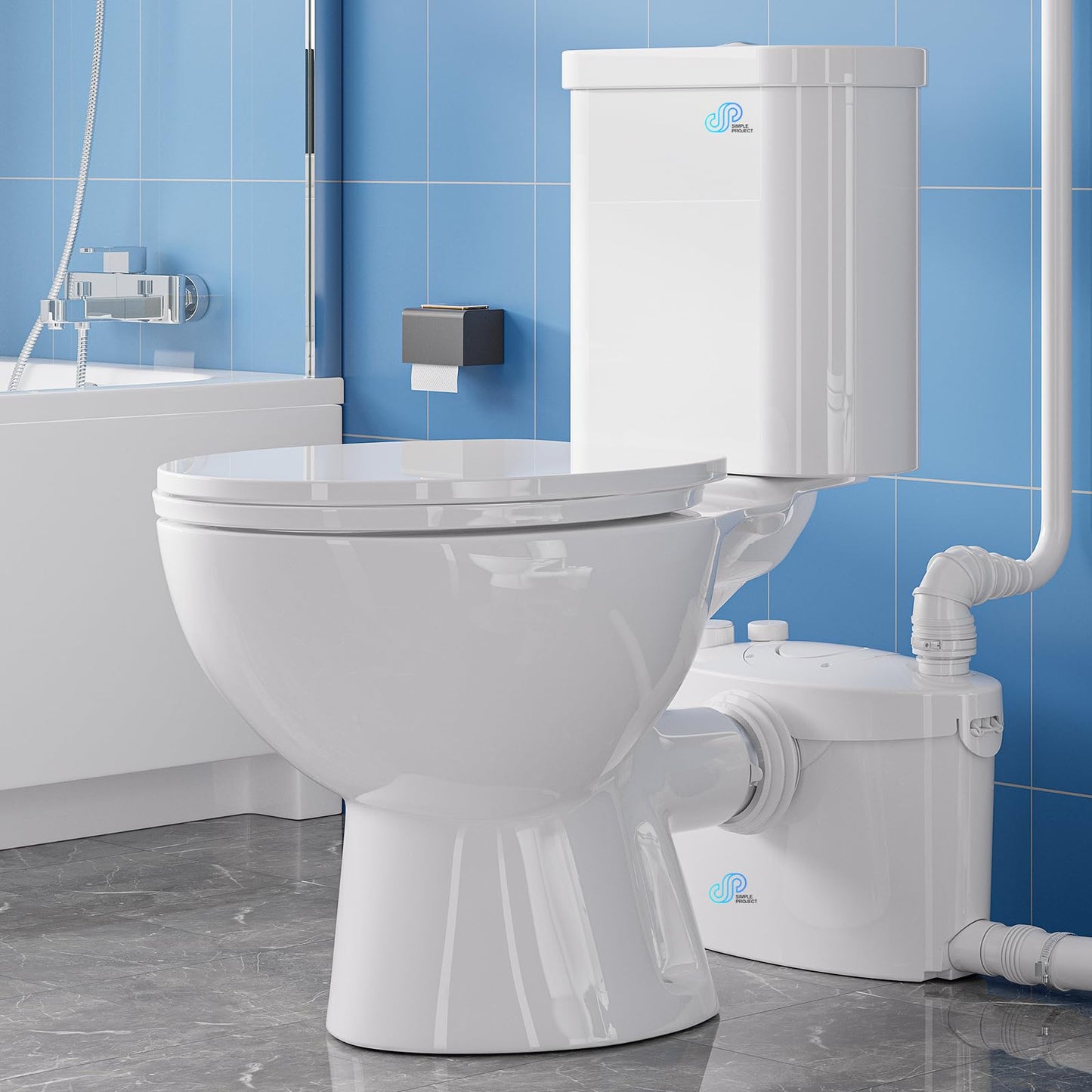 Simple Project 750W PRO Macerating Toilet System - High Powerful, Upflush Toilet for Basement with 4 Water Inlet & Attics, Dual Flush Toilets with Macerator Pump, Quiet Operation, Space Saving