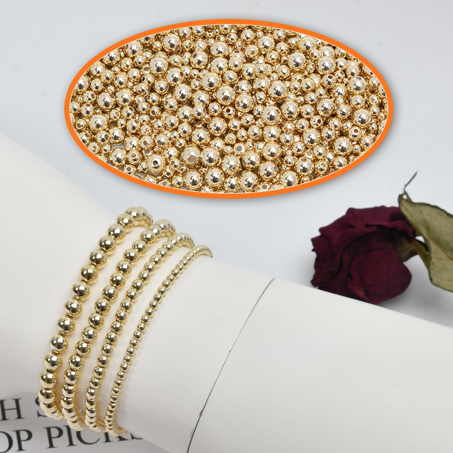 250pcs 14K Gold Filled Spacer Beads，Round Bracelet Bead,Seamless Smooth Metal Brass Bead，Lasting Round Spacer Beads for DIY Necklace Bracelet Jewelry Making (4mm)