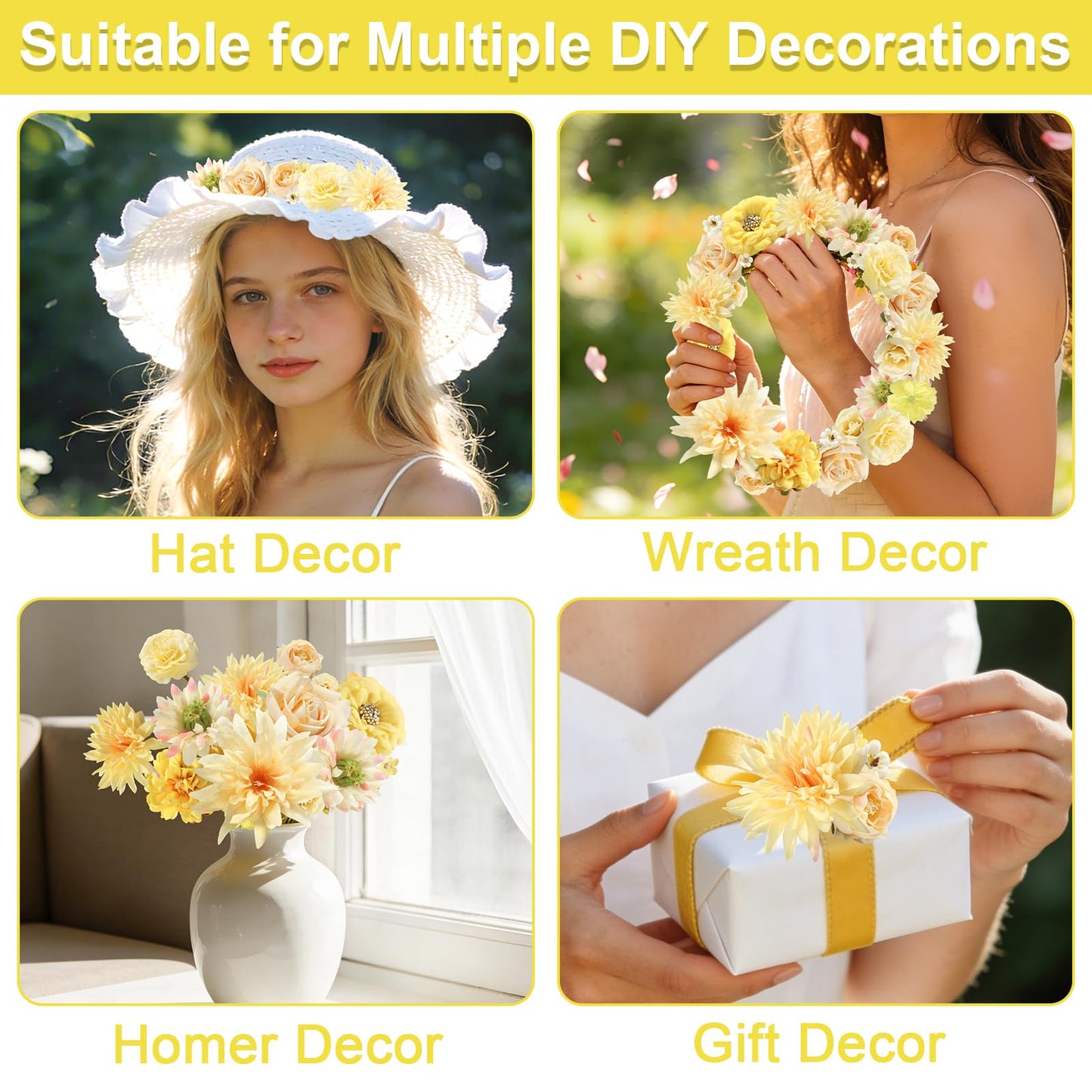RUIDKUN Fake Flowers Heads Bulk Yellow Mini Artificial Silk Flower for Crafts, Small Artificial Daisy Roses Faux Flowers for Graduation Cap DIY Cake Wedding Party Home Garland Decoration
