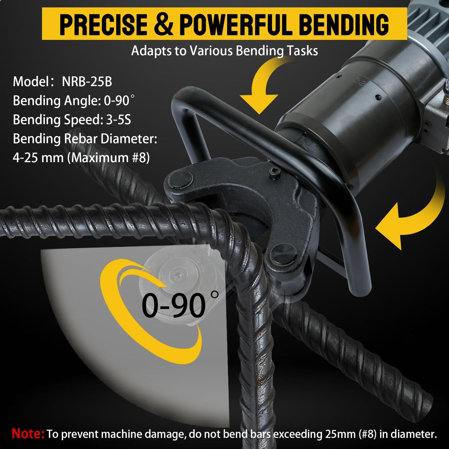 1800W Industrial Electric Hydraulic Rebar Bender & Straightener, 1” Handheld Portable Rebar Bending Machine,3-5s Fast Bending for 4-25mm (Max#8) Rebar,Bending Angle 0-90°,with Portable Toolbox,NRB-25B