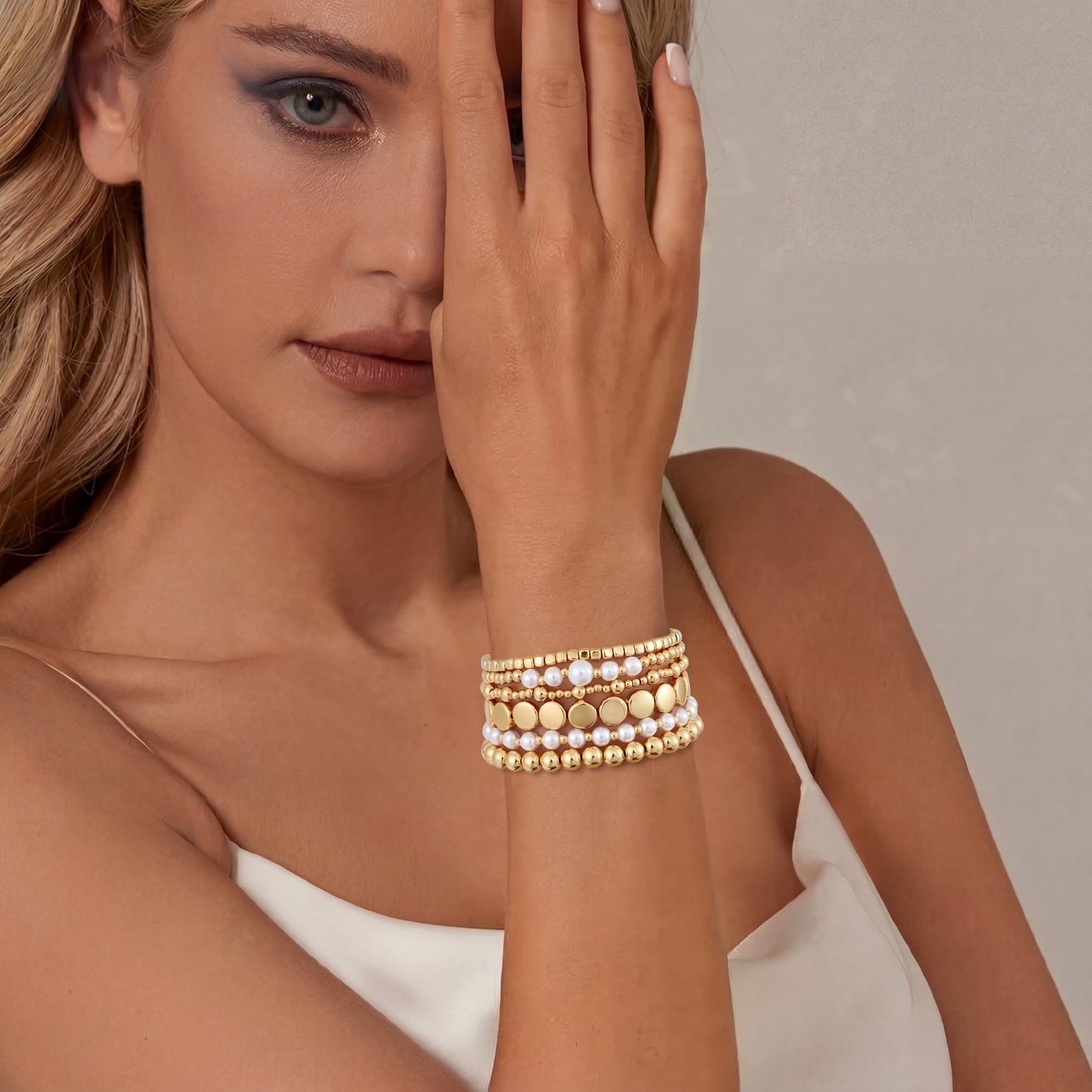 Sajidos Gold Plated Beaded Bracelets for Women Trendy, 14K Gold Plated Stack Cross Pearl Gold Plated Bead Stretch Bracelets Set Elastic Hypoallergenic Bracelets Jewelry Gifts (style12-2)