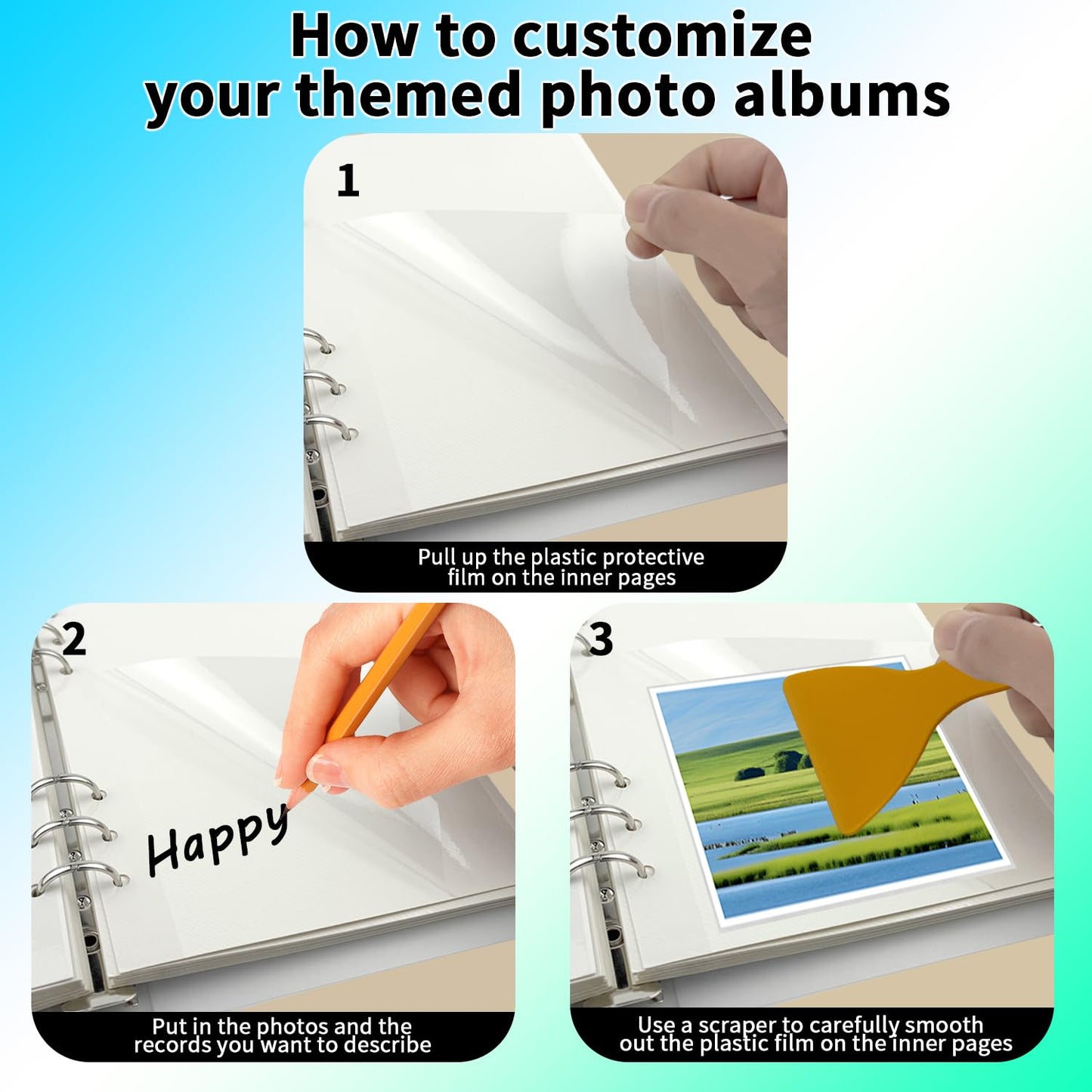 7x9 Inch 6-Ring Self Adhesive Photo Album with 30 Sheets/60 Pages, DIY Scrapbook Album with Decorative Stickers & Scraper Tool for Photos, Posters, Stamps