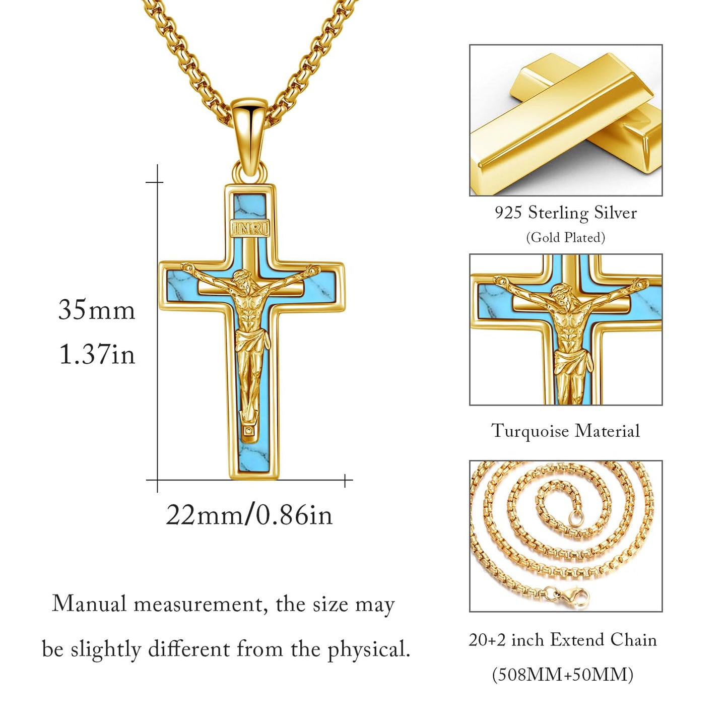 YEESIA Cross Necklace for Women Men 925 Sterling Silver Gold Jesus Crucifix Pendant Necklace with Turquoise Cross Jewelry Gift for Women Men