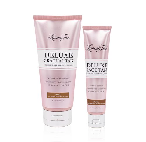 Loving Tan Deluxe Gradual Tanning Lotion (5.07Oz) + Face Tan, Dark (1.6Oz) - Streak Free, Natural Professional Strength Sunless Tanner, 7+ Applications per Bottle, Naturally Derived DHA, 2-Count
