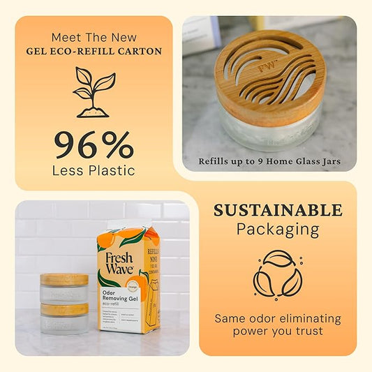 Fresh Wave Odor Removing Gel Eco-Refill, 63 oz. Orange Scent | 2 Empty Refillable Glass Jars | 2 Room Set