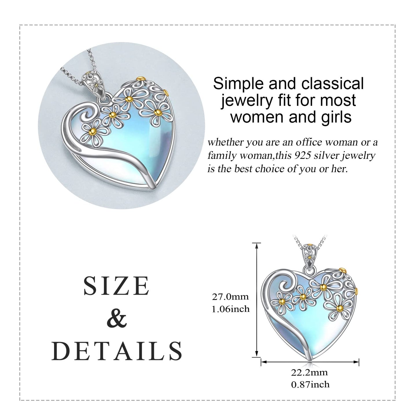 YAFEINI 925 Sterling Silver Moonstone Necklace - Filigree Heart Pendant with Flower Design - Women's Gift (G-Heart Flower Moonstone Necklace)