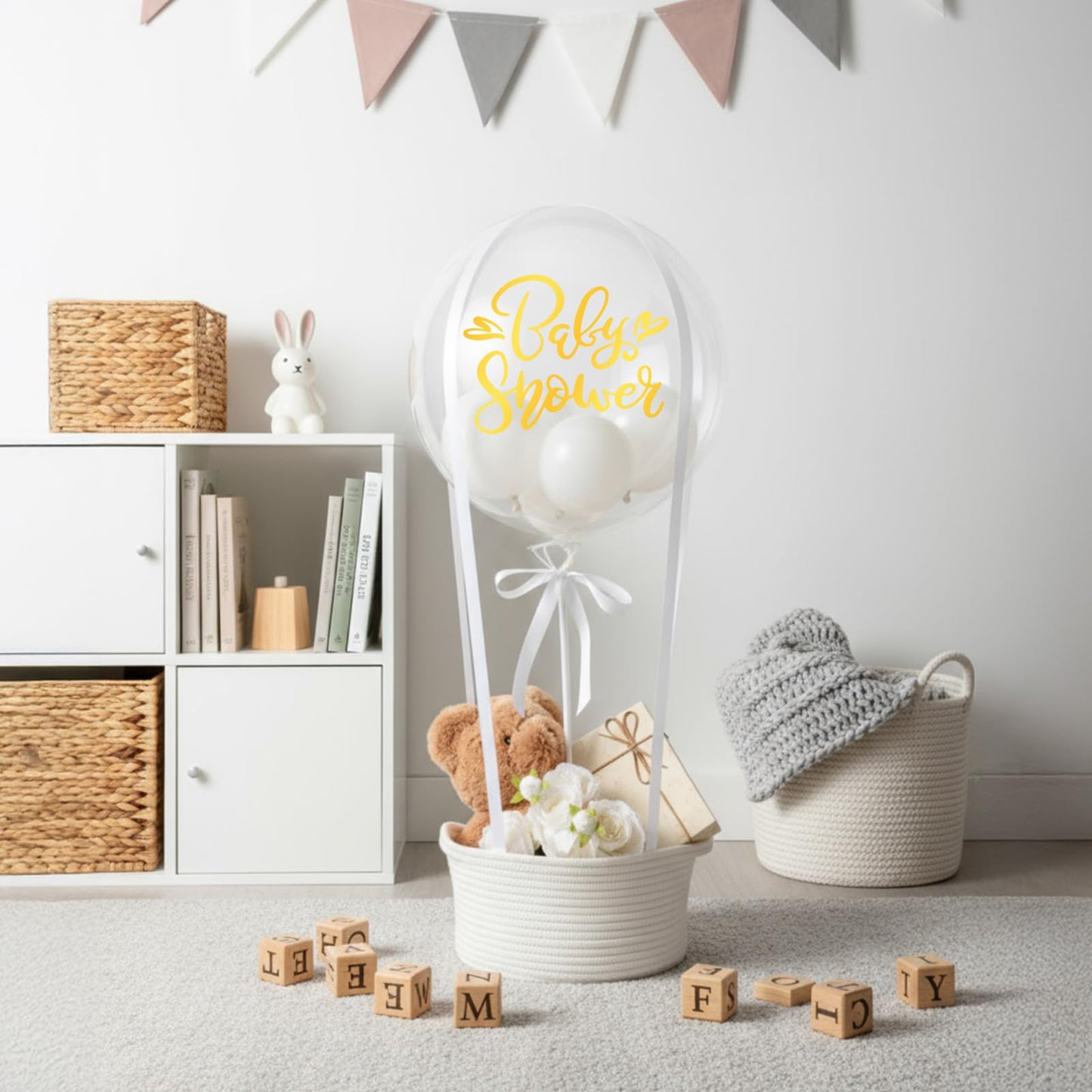 BrightRow DIY Hot Air Balloon Baby Shower Gift Basket Decoration Set Woven Basket Transparent Bobo and White Balloons Ribbon Balloon Stand Sticker Newborn Gift Wrapping Baby Shower Party Decor