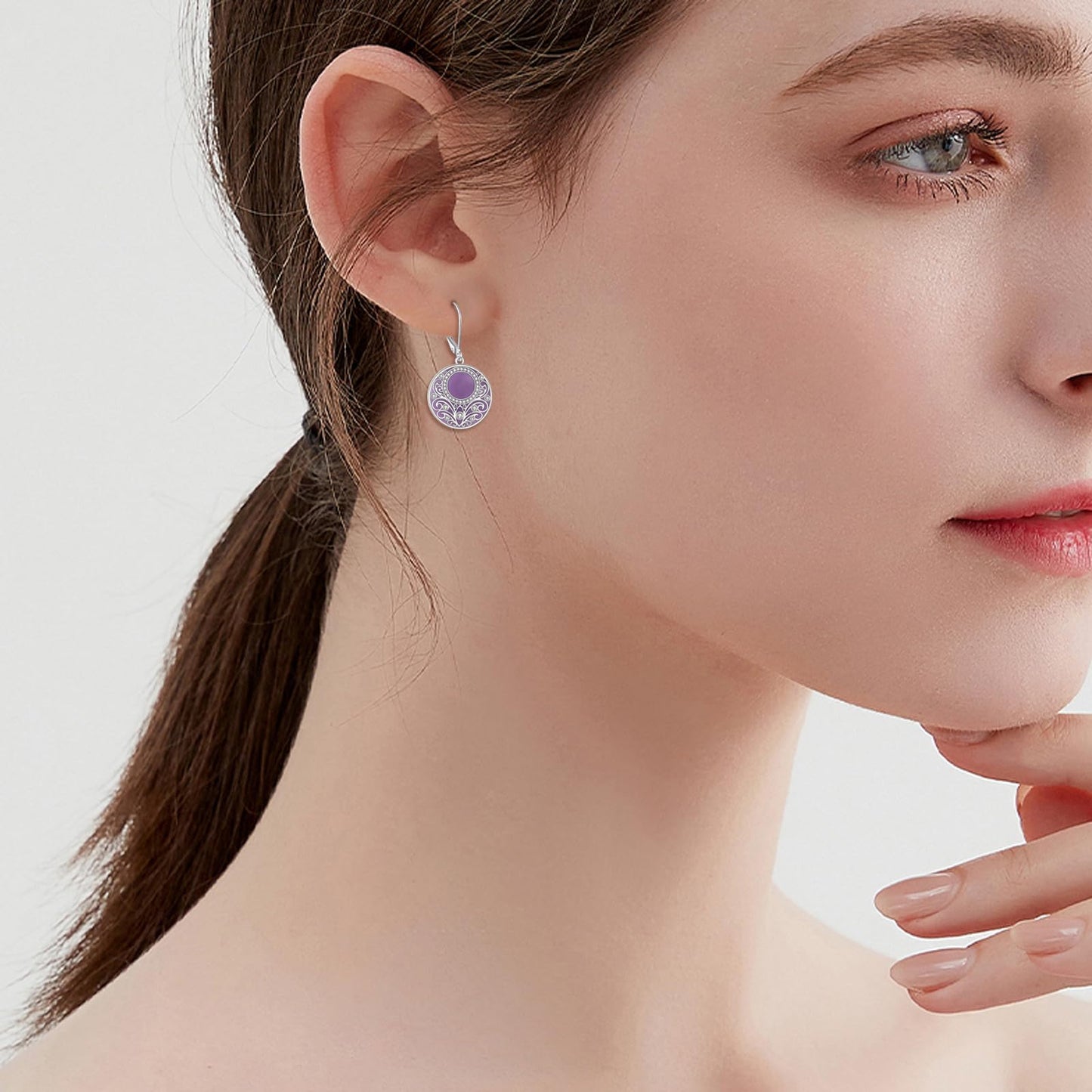 Amethyst Drop Earrings Sterling Silver Filigree Circle Leverback Earrings Jewelry Gifts for Women