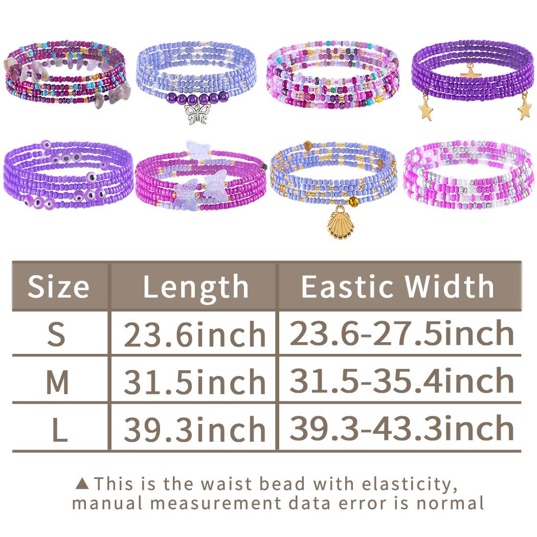 ELABEST 24-39inch African Waist Beads for Women 8Pcs Elastic Belly Beads Colorful Beaded Waist Jewelry Accessories Body Chain (Purple, 39.3inch/100cm)