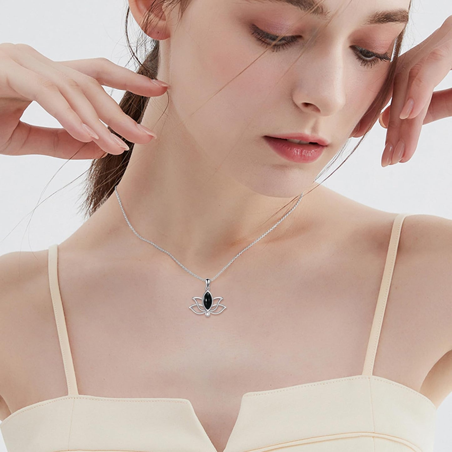 YFN Lotus Flower Necklace Sterling Silver Black Agate Lotus Pendant Lotus Jewelry Gifts for Women