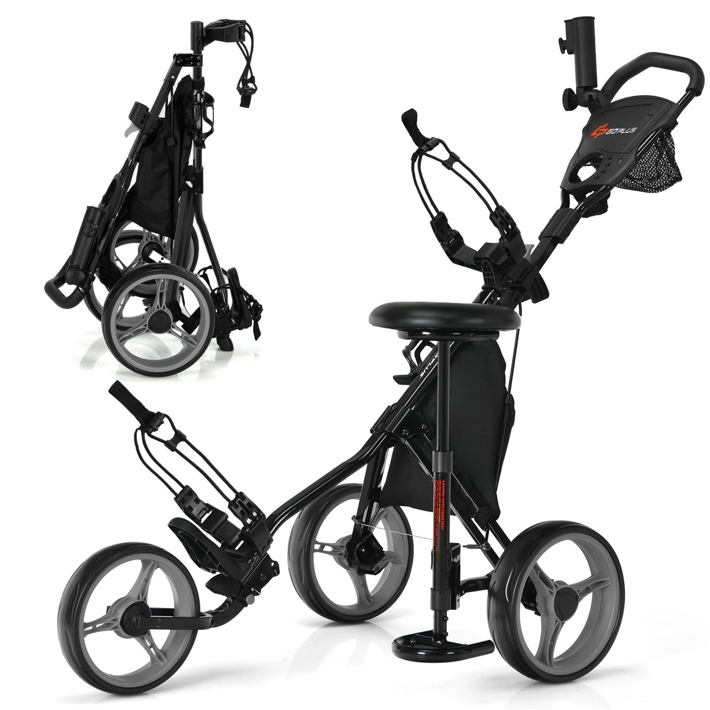 Goplus 3 Wheel Golf Push Cart, Lightweight Foldable Caddy Cart w/Adjustable Seat, Handle, Umbrella Holder, Foot Brake, Golf Trolley for Golf Bags, Collapsible Golf Pull Cart for Men Women (Grey)
