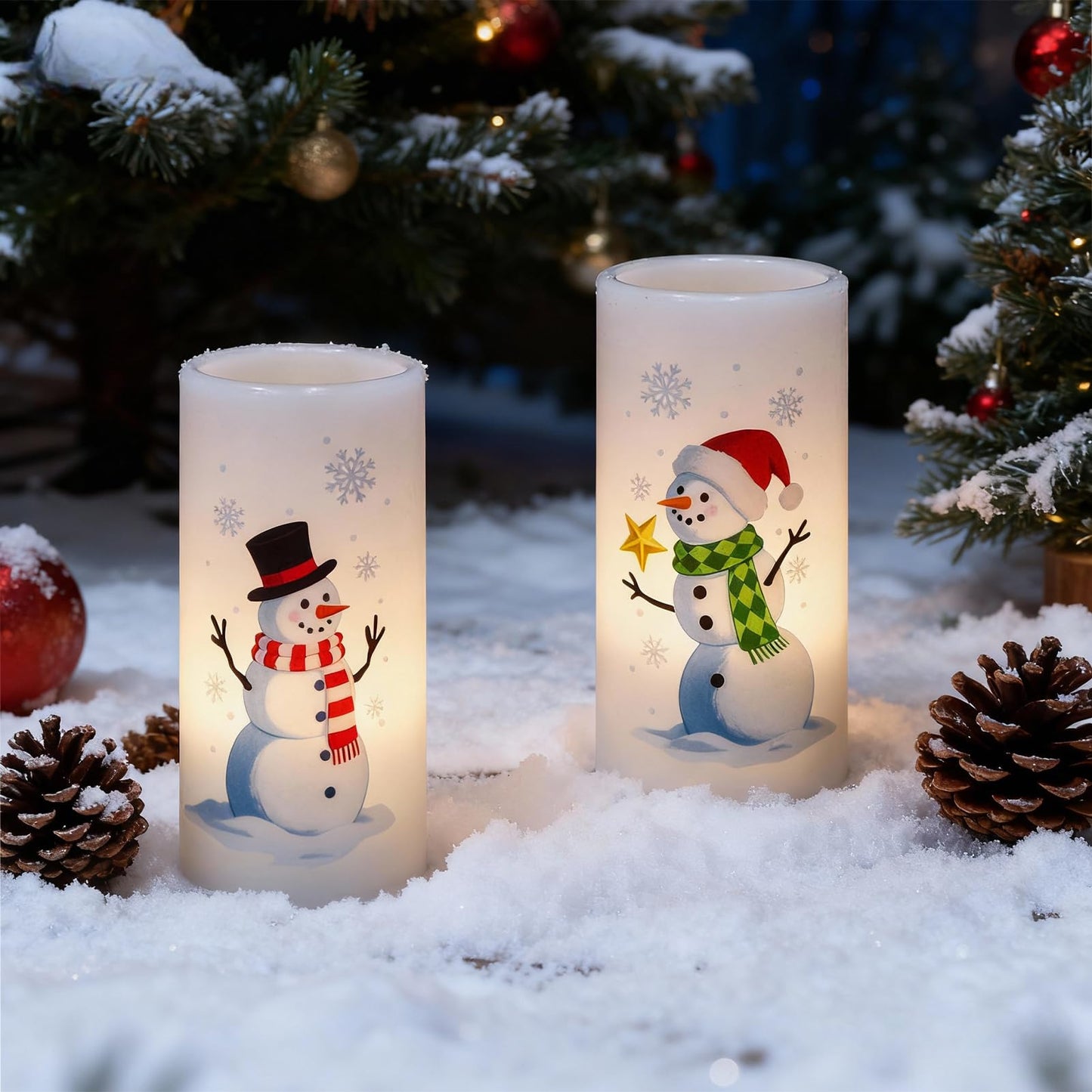 Eldnacele Christmas Snowman Flameless Candles Battery Operated with Remote and Timer Real Wax Flickering LED Pillar Candles Xmas Holiday Indoor Decor(2 Pack, 3" D x 6"" H)"