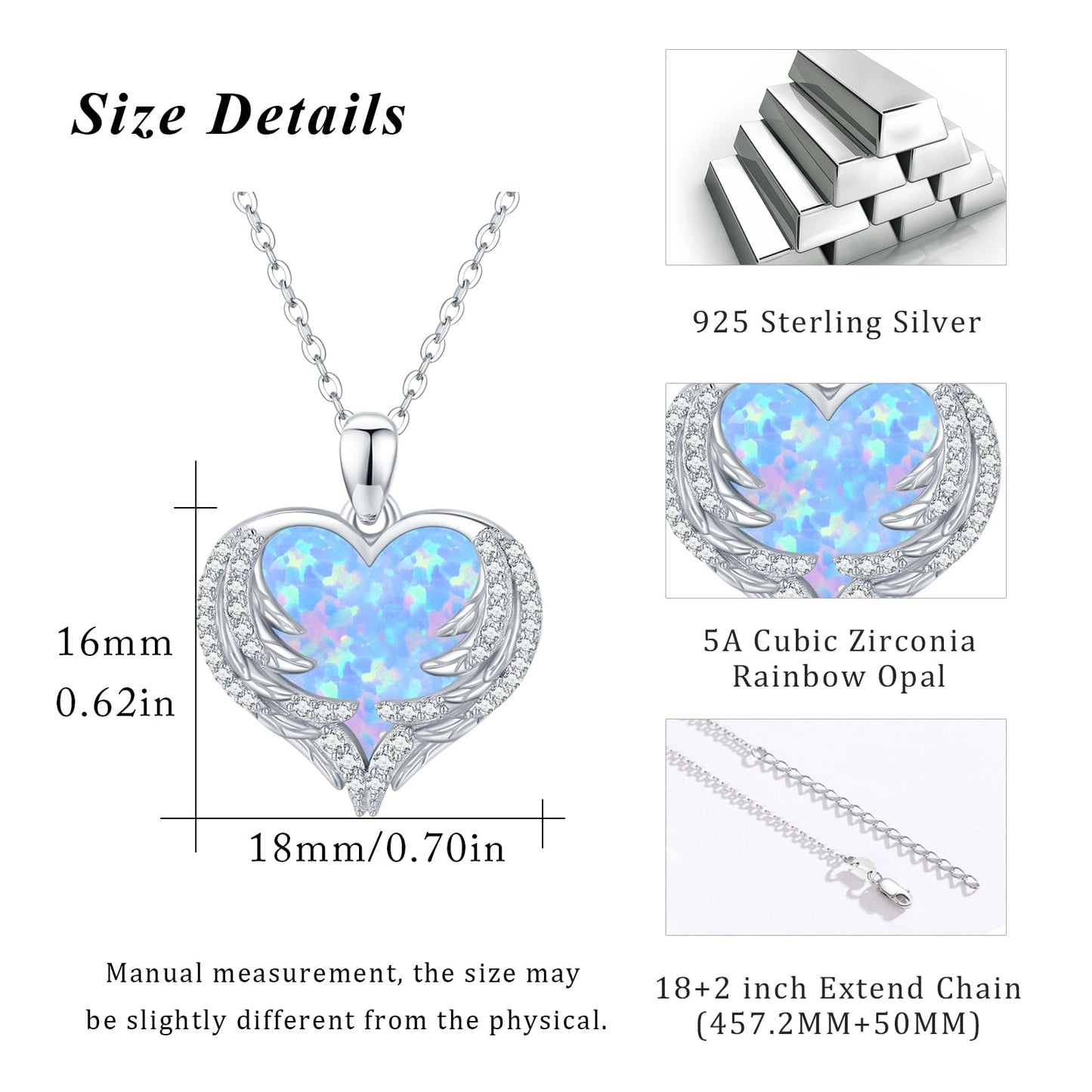 CUOKA MIRACLE Angel Wings Necklace Blue Opal Heart Necklace 925 Sterling Silver Necklace for Women Guardian Angel Wings Pendant Necklace Dainty Opal Jewelry for Women Mom Birthday Gifts