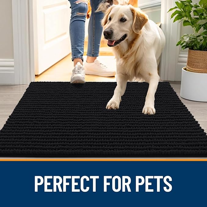 OLANLY Dog Door Mat for Muddy Paws 30x20, Ultra Absorbent Chenille Mud Doormat, Non-Slip Washable and Dirt Trapping Doormat for Indoor Entryway, Quick-Dry Indoor Pet Bed Mats for Dogs, Black