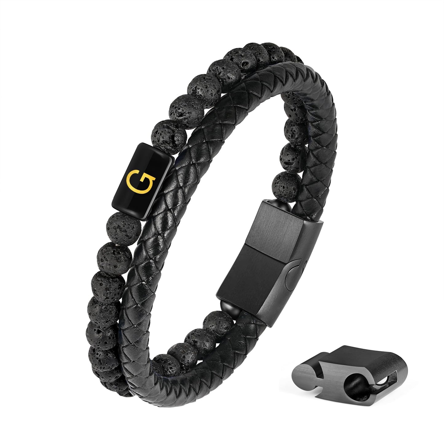 Bracelets for Men - Men Gifts Lava Rock Bead Magnetic Clasp Black Mens Leather Bracelet with Initial Black Mens Leather Bracelets Initial G Bracelet for Men's Jewelry Men's Gifts for Dad Husband Him