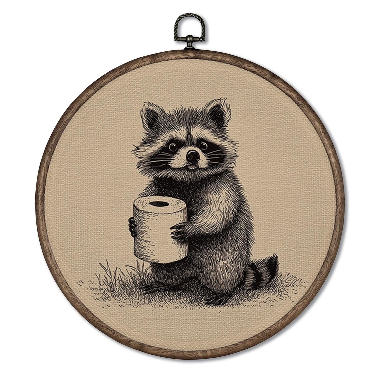 YH547-YGH01 Giosve Funny Raccoon Bathroom Round Wall Art Canvas Framed Poster, Rustic Neutral Sketch Raccoon Holding Toilet Paper Hanging Wall Sculptures for Washroom Bathroom Restroom Decor, 10x10 Inch