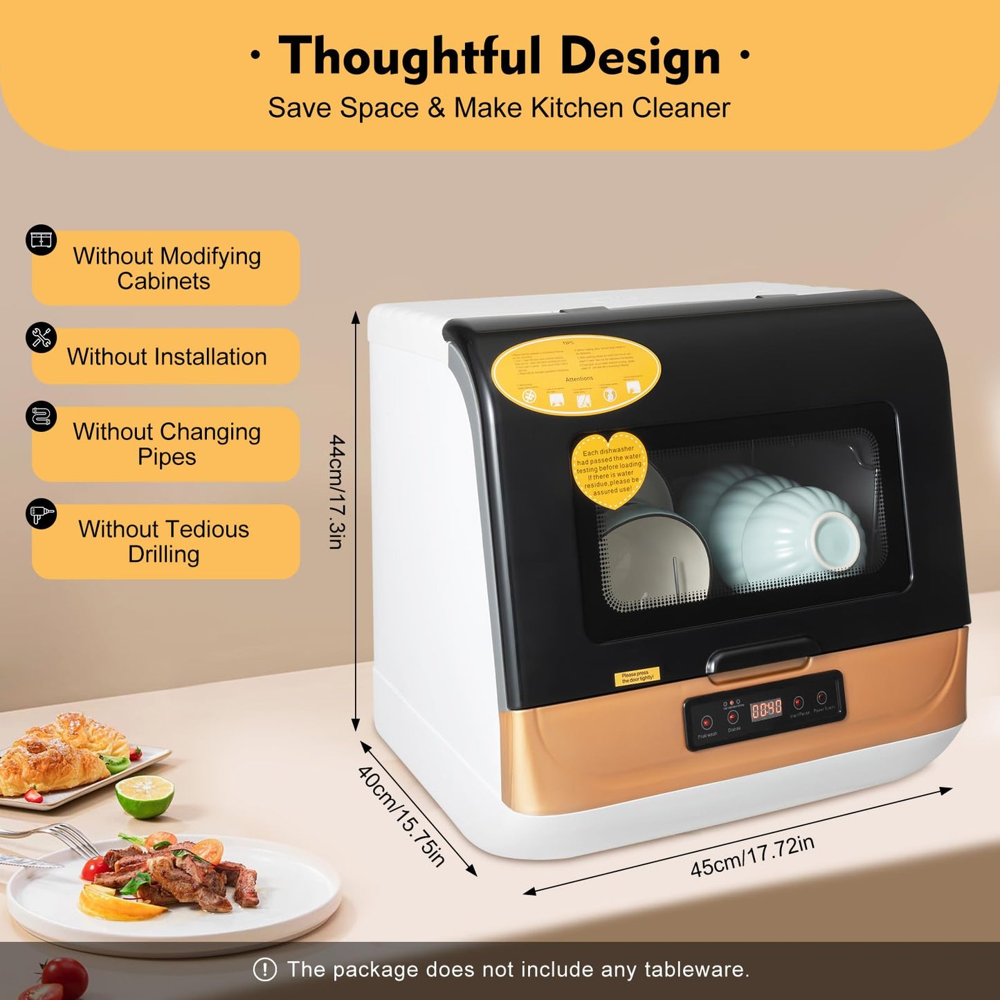 HZOPUTLH Portable Countertop Dishwasher, 3-in-1 Washing Modes Portable Washer for 4-6 Sets (12-20 Pieces of Tableware), Mini Dishwasher with 360° Rotating Spray for Washing Dishes, Vegetables Fruits