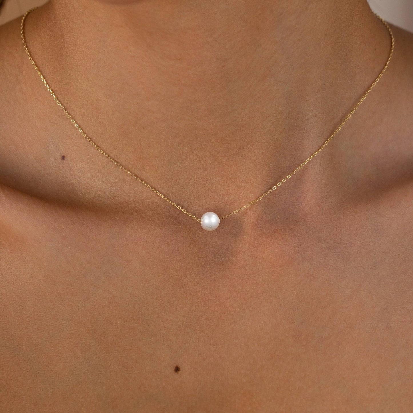 Sargetou Pearl Necklace for Women,14k Gold Plated Waterproof Small Cute Dainty Choker Necklace Drop Circle Single Pearl Chain Trendy Jewelry Fashion Gift