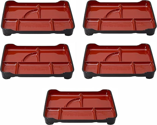 JapanBargain 1590, Japanese Lunch Bento Box Traditional Plastic Lacquered Bento Plate 6 Compartments for Restaurant or Home, Red and Black Color, 14"x9.25", Made in Japan, 5 Pack