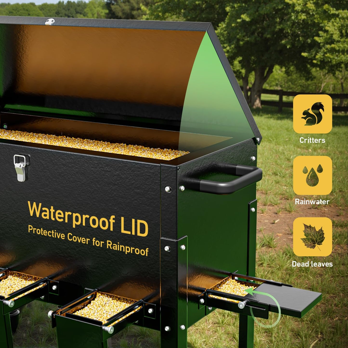POOAMY Gravity Deer Feeder, Heavy Duty Metal Deer Feeder, 128LB Large Capacity Automatic Dispenser Feeder, Portable Hunting Game Feeder with 8 Feed Ports for Deers and Wildlife, Black