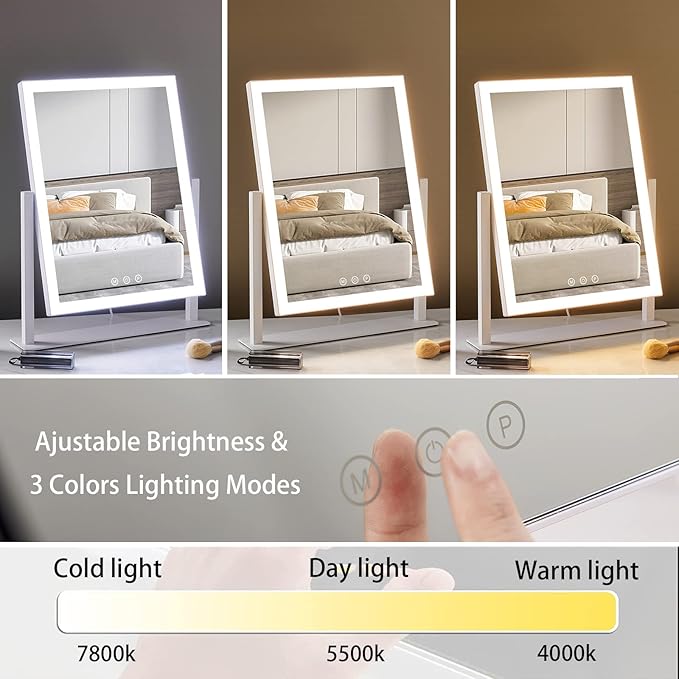 HIEEY Lighted Makeup Mirror, Hollywood Vanity Mirror with Lights, Three Color Lighting Modes, with 4in 20X Magnification Mirror, Smart Touch Control, 360°Rotation (17.4in,White,Gift Box)
