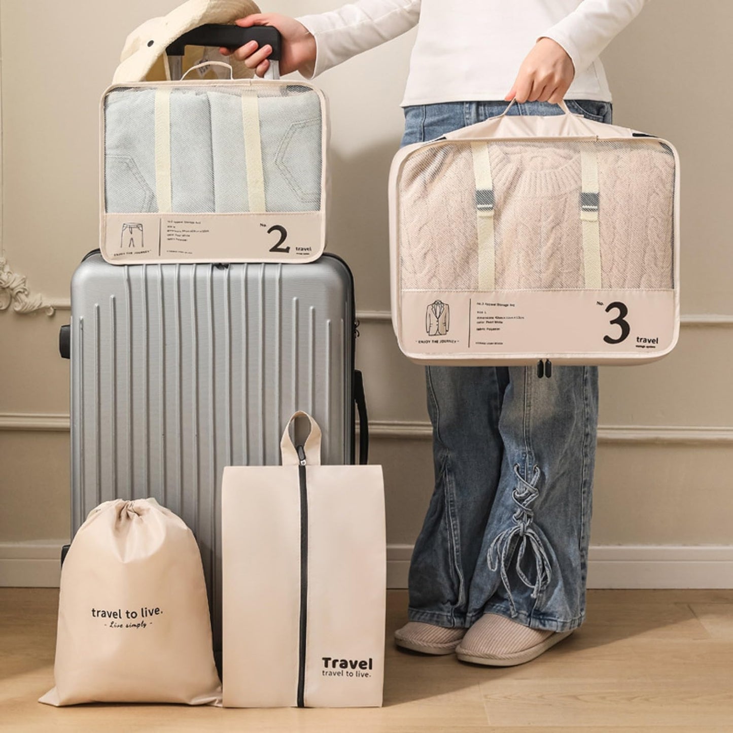 Packing Cubes for Suitcases, 7 Set Packing Cubes for Travel Women, Travel Luggage Packing Organizers, Travel Essentials Luggage Organizer Bags, for Suitcases Durable Travel Essentials Bags Set (beige)