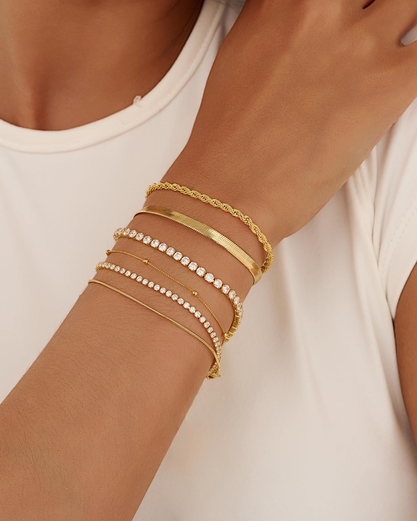 Gold Bracelets for Women 14K Gold Plated Stack Trend Bracelets Charm Paperclip Chain Cuban Link Layered Waterproof Bracelet Dainty Bracelet for Women Jewelry Gifts (6Pcs Gold)
