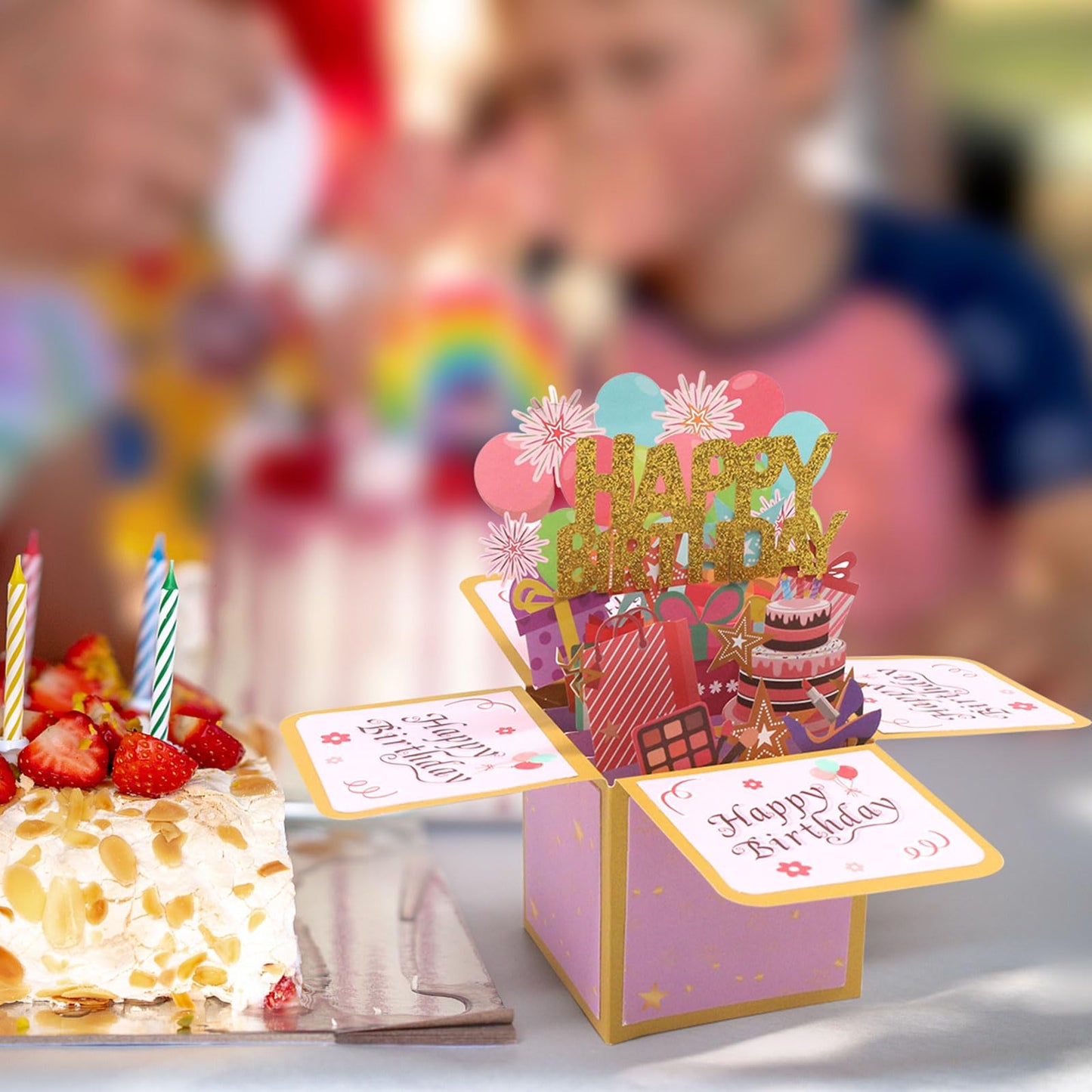 Fushing 3D Pop Up Birthday Card - Sweet Birthday Box Greeting Card Box with Blank Message Card & Envelope, Unique Handmade Scrapbook for Wife, Women, Men, Kids, Daughter, Son, Mom, Dad, Friend (Pink)