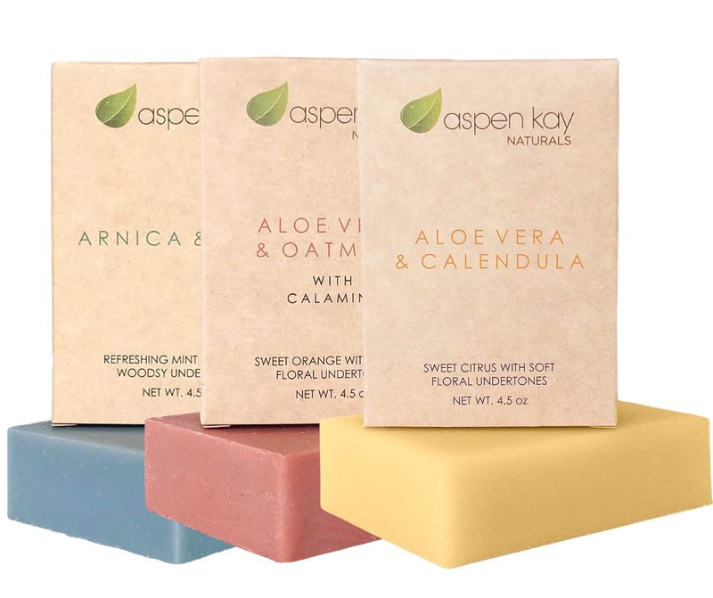 Aspen Kay Naturals Soap Set - Made with Natural and Organic Ingredients. Gentle Soap. 1 Arnica & Mint - 1 Calamine Soap – 1 Calendula Soap - 4.5oz Bar