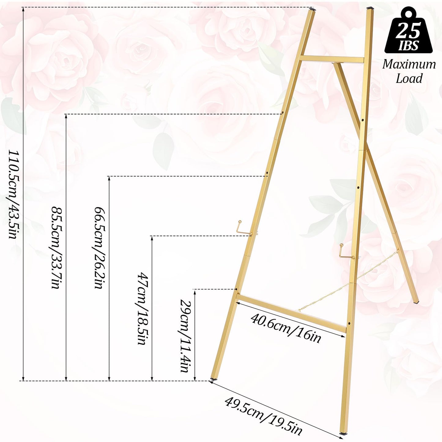 Meyeyaia 43'' Gold Easel Stand for Sign, Metal Heavy Duty Easel Display Stand, 4-Tier Adjustable Art Easels for Wedding Sign, Painting, Floor Décor, Posters, Pictures, Posters, Commercial Display