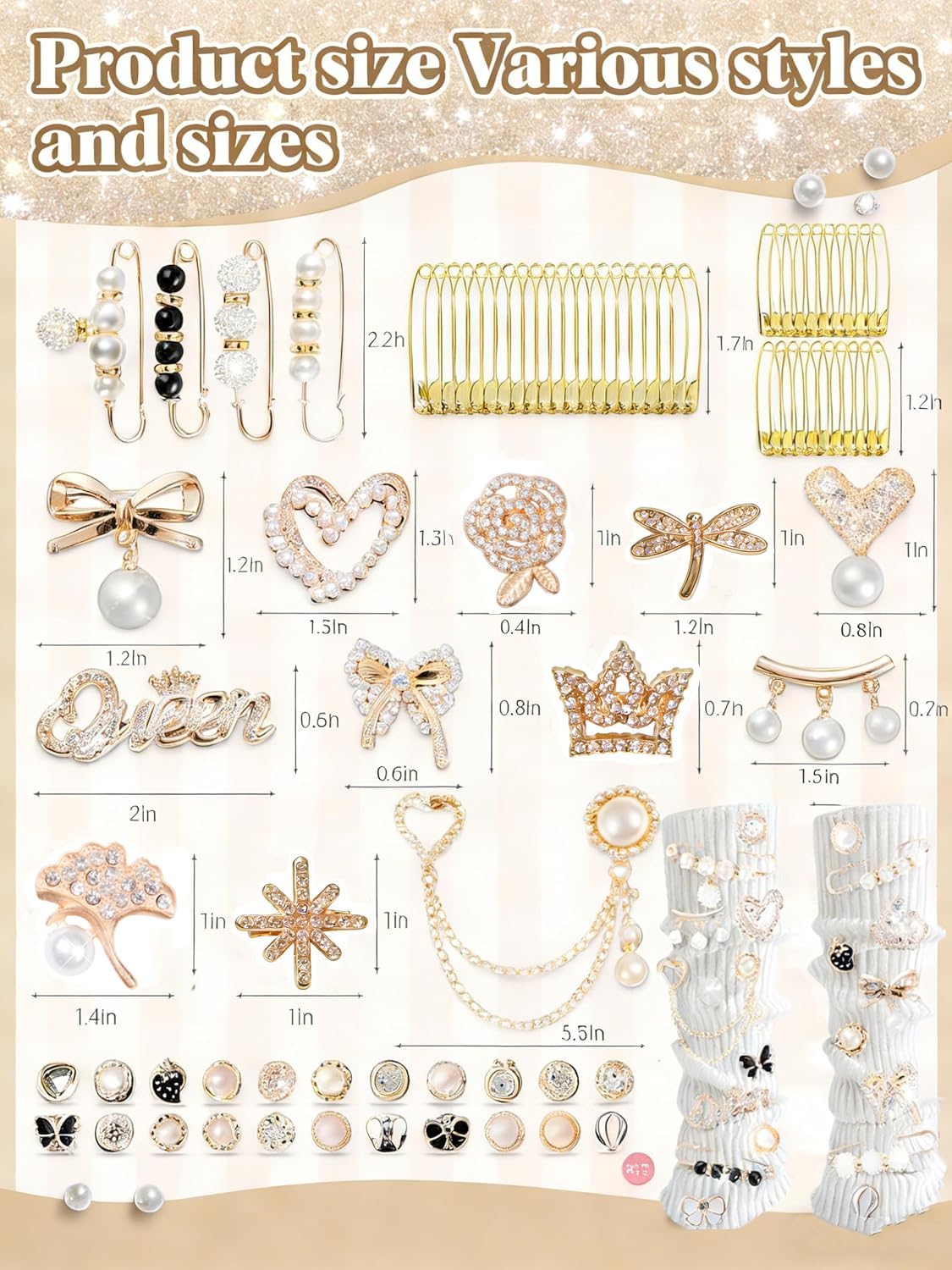 RQAYE 80pcs Junk Socks Charms Kit, Gold Brooches and Pins for Women,Pearl and Rhinestone Shoe Charms with Safety Pins for Hat Clothes Bags