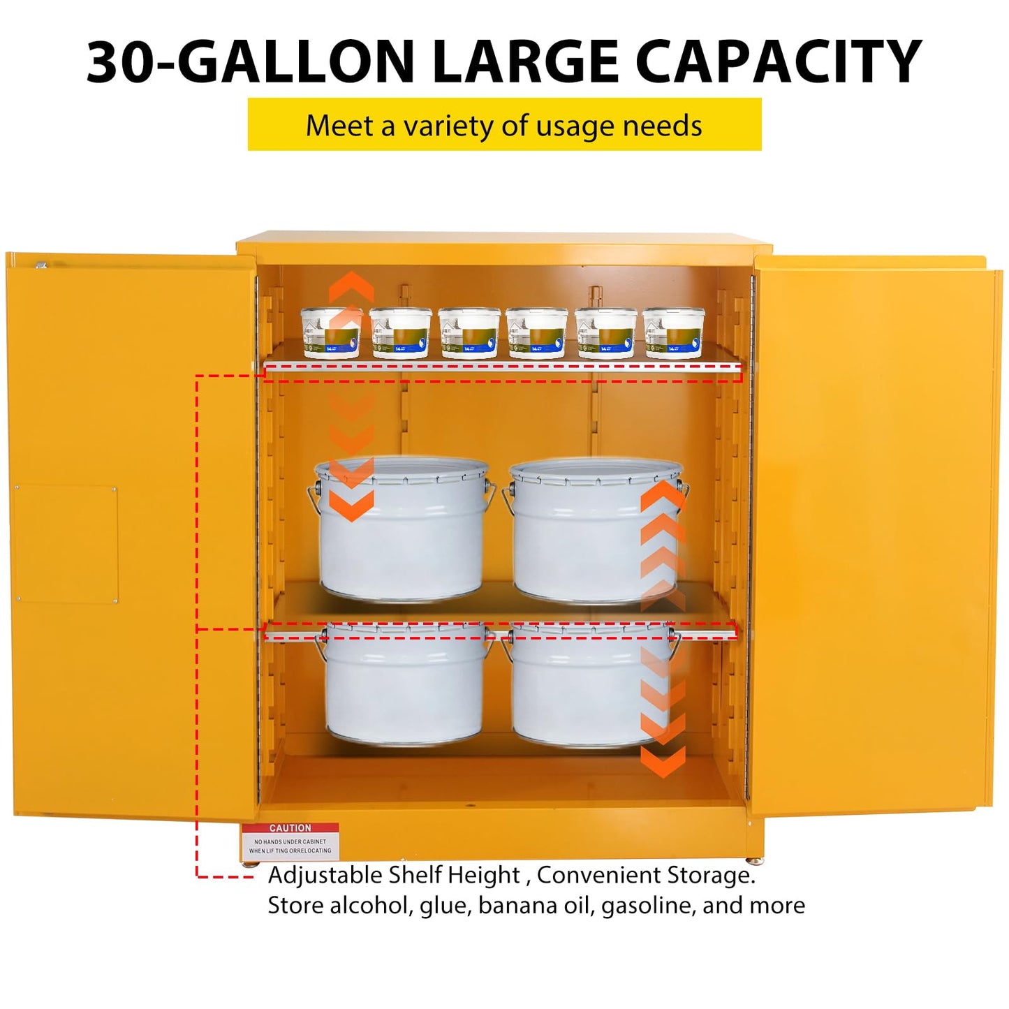 PeacefulHues 30 Gal Flammable Safety Cabinet, 2-Door Yellow Safety Storage Cabinet with Adjustable Shelves, Galvanized Steel Chemical Cabinet for Garage, Shop, Industrial Use