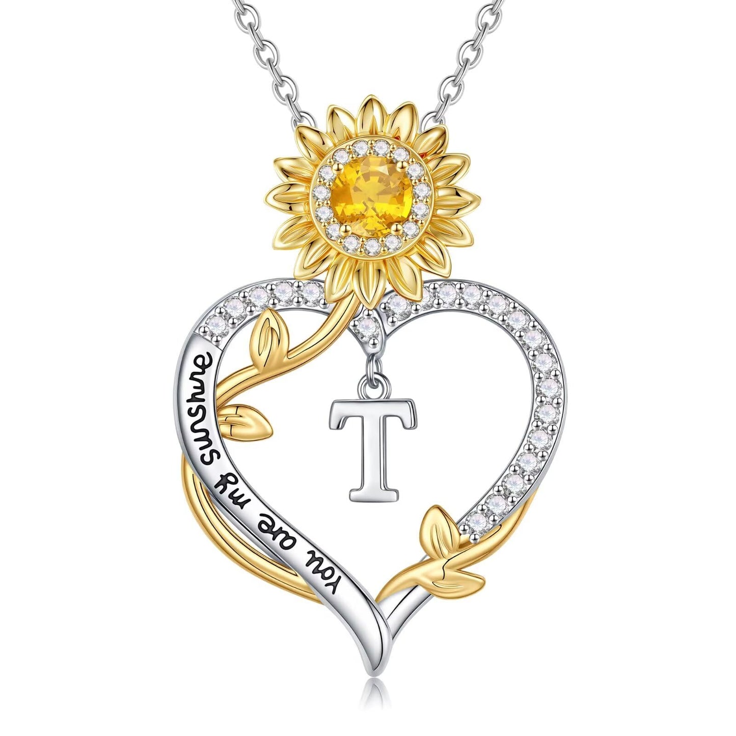 MONOOC Sunflower Gifts for Women - 14K-White-Gold-Plated Sunflower Initial Necklaces for Woman Heart Initial Letter T Necklace, Anniversary Birthday Gifts for Women Jewelry Wife Mom Gift