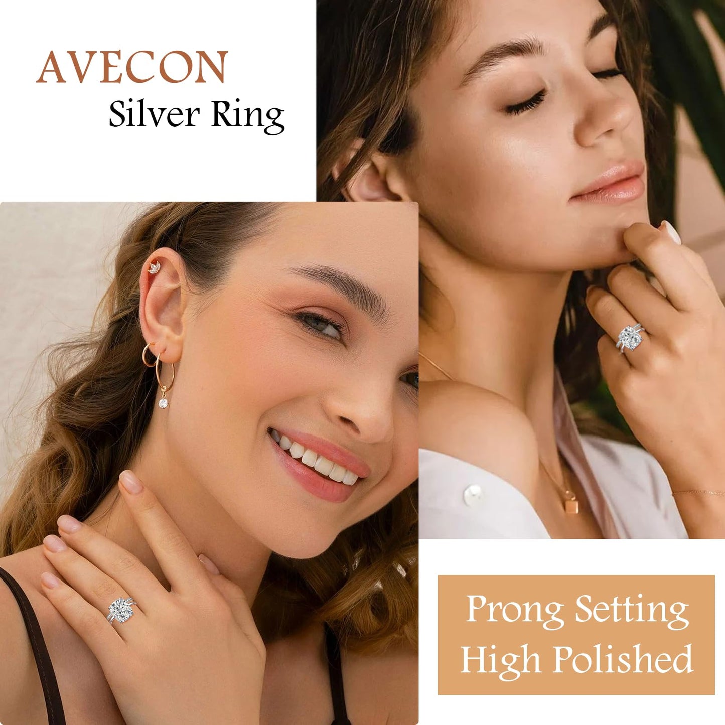 AVECON 3CT Elongated Cushion Cut Engagement Ring Set for Women, Wedding Promise Cubic Zirconia Band, White Gold Plated Stackable Adjustable Bridal Half Eternity Open Rings, Size 6