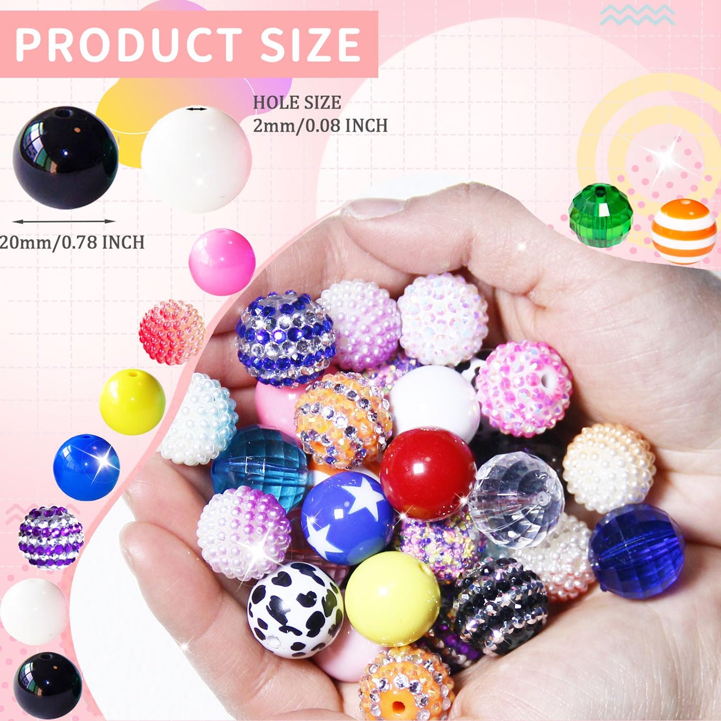 100Pcs 20mm Beads for Pens Making Rhinestone Beads Mixed Acrylic Bubblegum Bead Crystal Round Sparkly Chunky Bead for Pens Beadable Bracelet Necklace Keychain DIY Craft Jewelry Making Supplies