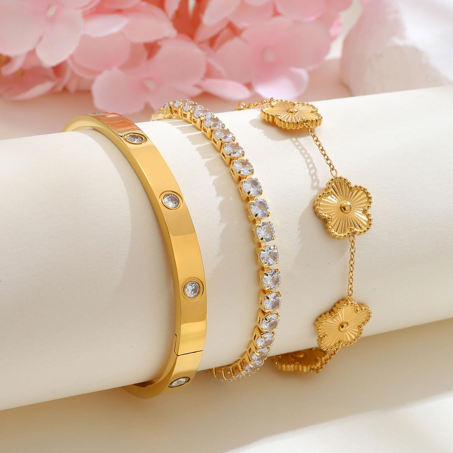 MPRAINBOW Womens Stackable Floral Bracelets, 3Pcs 18K Gold Plated Bracelet,Stainless Steel Bangle Chain Non Tarnish, Bracelet Set Trendy Jewelry,Christmas Valentines Birthday Gift for Girlfriend