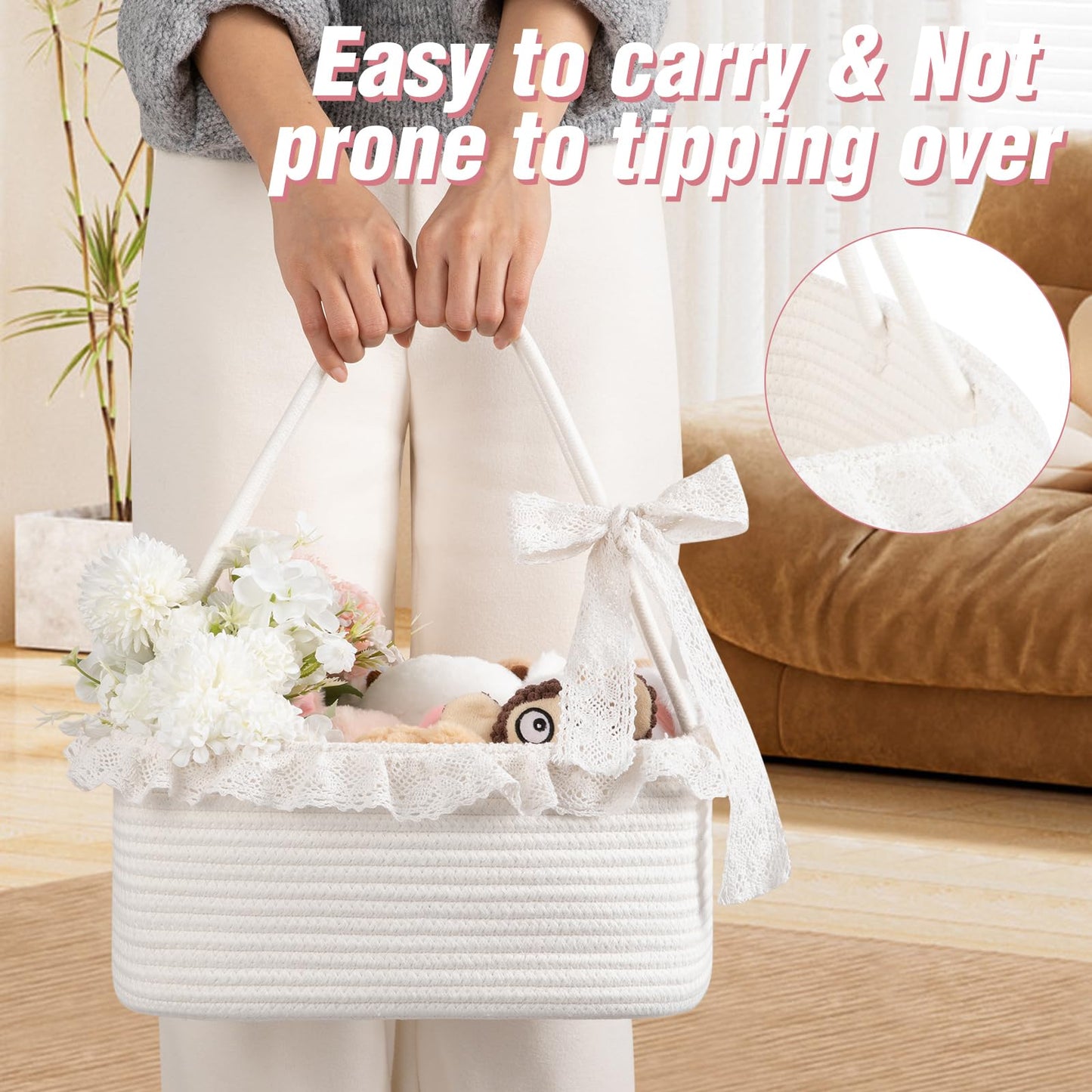 OIAHOMY Gift Basket with Long Handles, Large Woven Baskets for Gifts with Gift Bag, Ribbons and Lace, Cotton Rope Storage Basket for Birthdays, Baby Showers, Picnic, Wedding DIY Presents - White