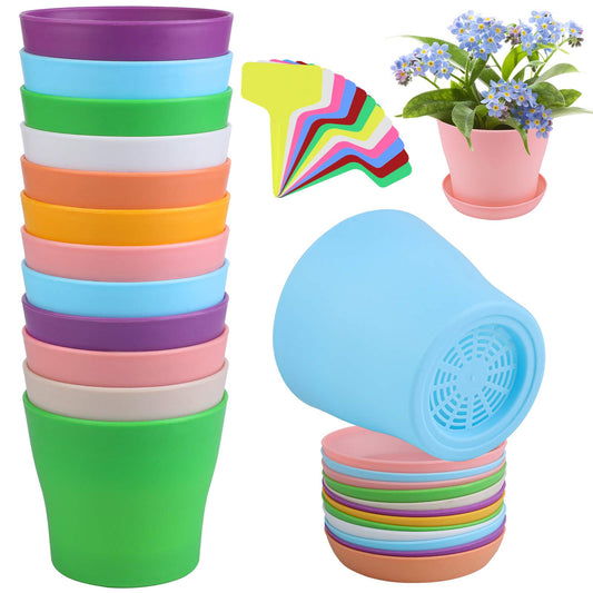 12P4 Inch Plastic Planters Flower Plant Pots Multi Color Flower Seedling Nursery Pots Thick Outdoor Indoor Plants for Your Room, Garden Decor (Beige,Blue,Green,Multi Color,Orange,Pink,Purple)