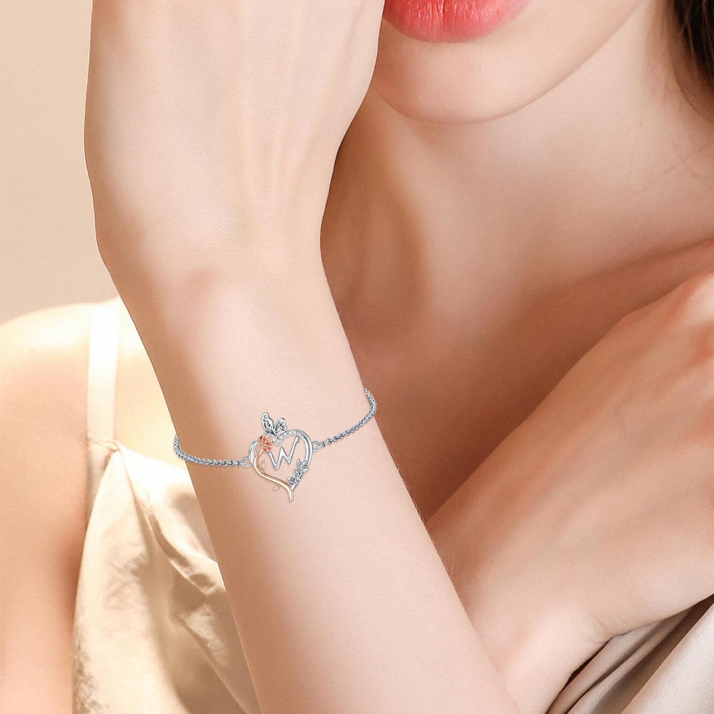 TOUPOP Rose Heart Bracelet for Women Sterling Silver Heart Initial W Letter Bracelet Butterfly Love Jewelry Anniversary Birthday Mothers Day Gifts for Mom Wife Her Girlfriend