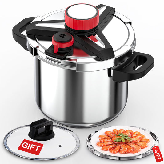 18/8 Stainless Steel Pressure Cooker 10 Quart, [One-Hand Locking] Pressure Cooker, [3-In-1] Olla de Presion, Induction Compatible, Gas Stovetop Compatible,Steamer Rack & Includes Glass Lid